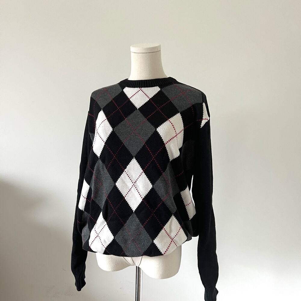 Brandy Melville Argyle Knit Cotton Sweater Oversized Y2K Preppy Grunge Academia